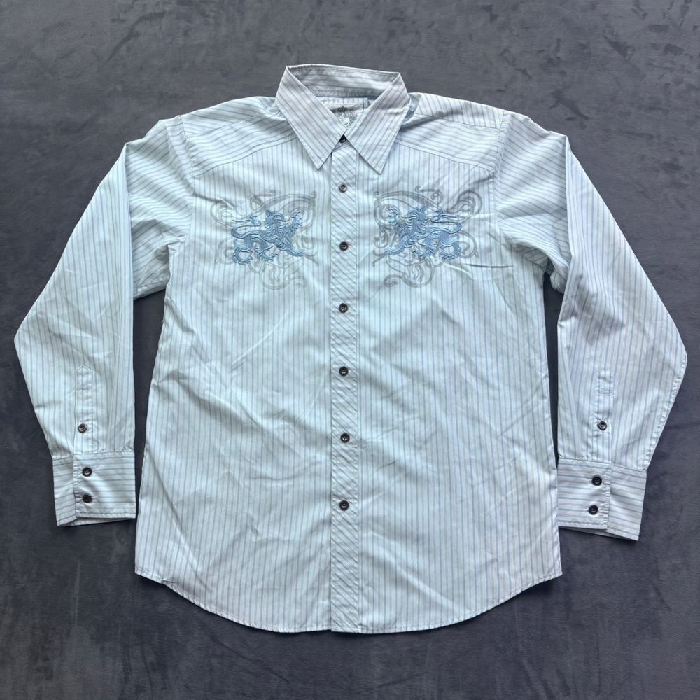 Red Level Nine Mens Large Blue Striped Embroidered Griffin Graphic Shirt Y2K
